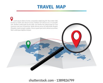 Travel Map pixels zoom lens with a red pin isolated on white background. location on map vector icon.
