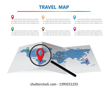 Travel Map pixels zoom lens with a red pin isolated on white background. location on map vector icon.
