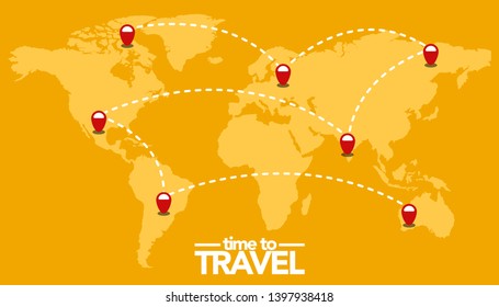 travel map with point markers and dashed trace line in orange world map background. traveling concept.