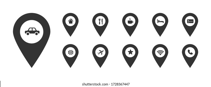 Travel map pointer icon set. Travelling Pin collection. Black geotag location point with car, coffee, cafe, transport, bank, hotel room sign. Vector illustration for web, app, infographic,social media
