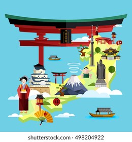 Travel map. Travel poster with land of rising sun asian country. Oriental famous architectural landmark natural sightseeing illustration. Discover Japan vector. Japanese culture exploration map
