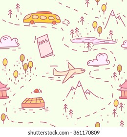 Travel map seamless pattern. Hand drawn vector background.