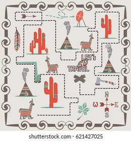 Travel map. Treasure map. Let's travel. Llama-traveler. Vector illustration