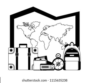 travel map world suitcase backpack compass wallet ticket