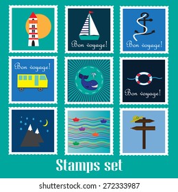 Travel and marine adventures vector set. Some cards have text in french "Bon voyage". In english means "Have a good trip".