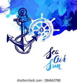 Travel marine background. Sea and ocean nautical design. Hand drawn sketch and acrylic illustration