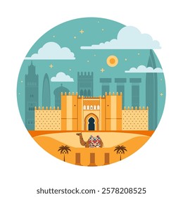 Travel to Marrakesh print with Kasbah gates and famous architectural landmarks skyline background. Moroccan panorama with popular architectural attractions or Morocco. Circle shape sticker.