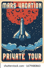 Travel to Mars colorful poster with shuttle flying out of cloudscape on space background vector illustration
