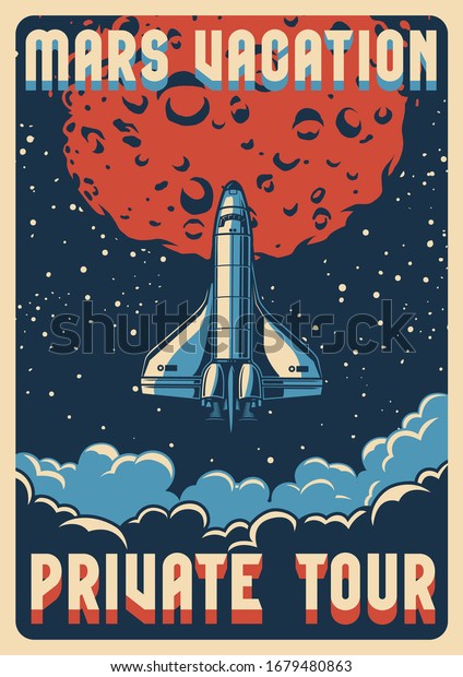 Travel to Mars\
colorful poster with shuttle flying out of cloudscape on space\
background vector\
illustration