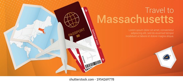 Travel to Massachusetts pop-under banner. Trip banner with passport, tickets, airplane, boarding pass, map and flag of Massachusetts. Vector template.