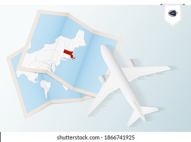 Travel to Massachusetts, top view airplane with map and flag of Massachusetts. Travel and tourism banner design.