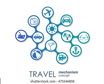 Travel mechanism. Abstract background with connected gears and integrated flat icons. Connected symbols for money, card, bank. Vector interactive illustration