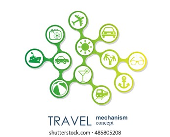 Travel mechanism. Abstract background with connected gears and integrated flat icons. Connected symbols for money, card, bank. Vector interactive illustration