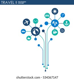 Travel mechanism. Abstract background with connected gears and integrated flat icons. Connected symbols for money, card, bank. Vector interactive illustration