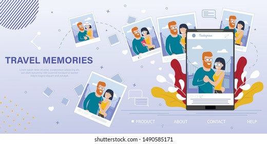 Travel Memories Blog, Photo Service for Tourists Trendy Flat Vector Ad Banner, Promo Poster. Happy Couple Making Mobile Selfie, Posting Photos from Vacation Travel in Social Network Illustration