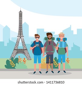 travel men friends with backpack and eiffel tower destination