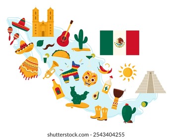 Travel to Mexico, culture elements and history landmarks, food on infographic country map. Mexican flag and traditional music party objects, Aztec pyramid and tequila cartoon vector illustration