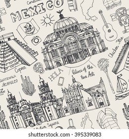 Travel Mexico famous landmarks seamless pattern,background.Vector Hand drawn Doodle sketchy.Vintage historic design.Architectural landmarks.Lettering in Spanish hurrah.Retro Illustration,wallpaper