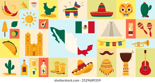 Viaje para o design de pôster geométrico do México. Elementos da cultura mexicana e festa de carnaval, mapa e bandeira do país, sombrero e poncho, bigode de mariachi e tequila desenhos animados vetor ilustração