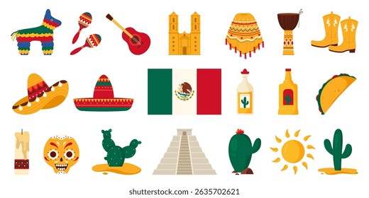 Travel to Mexico, heritage landmarks and carnival culture elements, food and drink set. Guitar and maracas, pinata for latino music party, Aztec pyramid and cactuses cartoon vector illustration