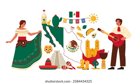 Travel to Mexico infographic poster collage with Mexican people in traditional dress and musical instrument, culture elements, history landmarks, map with flag pattern cartoon vector illustration