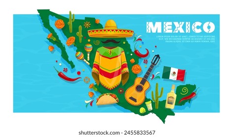 Travel Mexico map with national items. Vector country geography border with sombrero, mustaches, poncho and maracas, flag, tacos, tequila and jalapeno pepper. Marigold flowers, cacti, guitar and lime