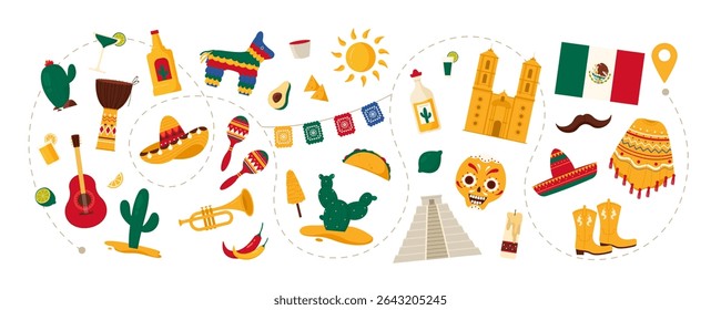 Travel to Mexico, Mexican famous places and culture elements, food and drink on vacation route. Temple of Kukulcan and cathedral, tequila and drum, sombrero and poncho cartoon vector illustration