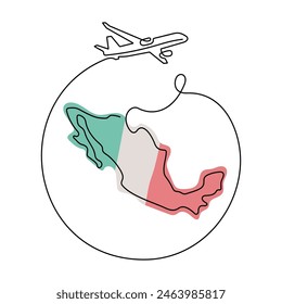 Travel Mexico one line vector illustration. Map of Mexico and airplane drawing.