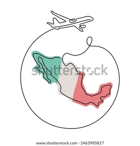 Travel Mexico one line vector illustration. Map of Mexico and airplane drawing.