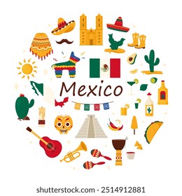 Travel to Mexico round infographic banner design. Mexican man mustache and sombrero, poncho and carnival party maracas, history and culture landmarks, cactuses in circle cartoon vector illustration