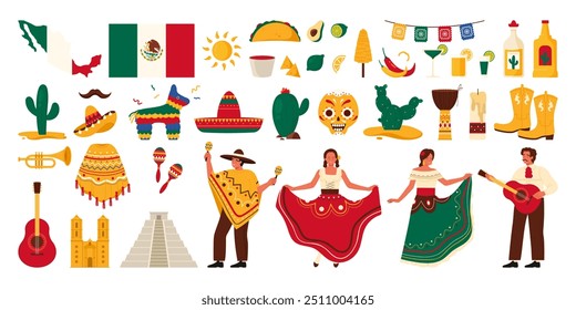 Viagem para o México set. Coleção de adesivos de festa de carnaval e comida mexicana, símbolos de feriados, guitarra latina e sombrero, poncho com ornamento brilhante e ilustração de vetor de desenhos animados maracas