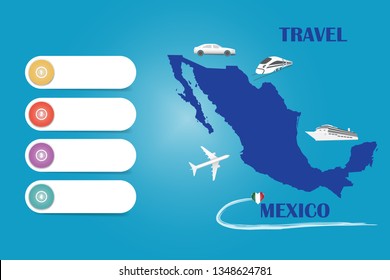 Travel Mexico template vector for travel agencies etc. Vector showing the plane, car, train and ship approaching the blind map of Mexico. Four blank labels are ready for your text.