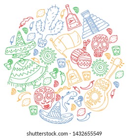 Travel to Mexico. Vector set with ethnic elemets for wallpapers, backgrounds. Day of the Dead