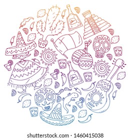 Travel to Mexico. Vector set with ethnic elemets for wallpapers, backgrounds. Day of the Dead