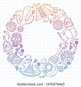 Travel to Mexico. Vector set with ethnic elemets for wallpapers, backgrounds. Day of the Dead