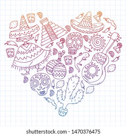 Travel to Mexico. Vector set with ethnic elemets for wallpapers, backgrounds. Day of the Dead