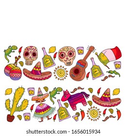 Travel to Mexico. Vector set with ethnic elements for wallpapers, backgrounds. Day of the Dead. Sugar skull.