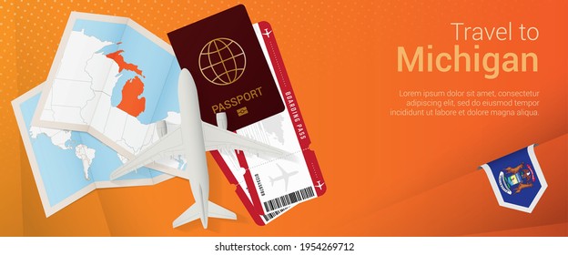Travel to Michigan pop-under banner. Trip banner with passport, tickets, airplane, boarding pass, map and flag of Michigan. Vector template.