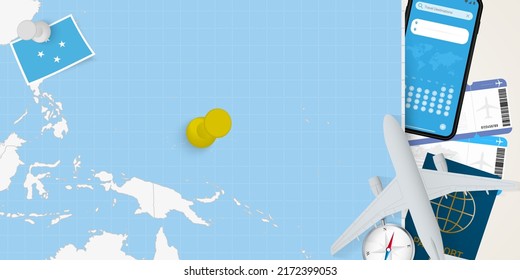 Travel to Micronesia concept, map with pin on map of Micronesia. Vacation preparation map, flag, passport and tickets. Vector illustration in flat design.