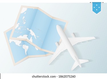 Travel to Micronesia, top view airplane with map and flag of Micronesia. Travel and tourism banner design.