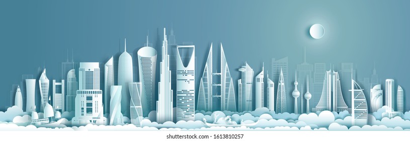 Travel to middle east landmarks of asia with modern architecture cityscape background. Tourism arab to Saudi arabia, Qatar, Bahrain, UAE, Kuwait, jordan, Business brochure design.Vector illustration