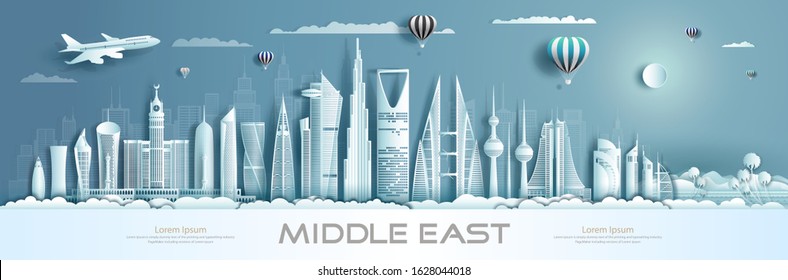 Travel to middle east landmarks of asia with modern architecture cityscape background. Tourism arab to Saudi arabia, Qatar, Bahrain, UAE, Kuwait, Business brochure modern design.Vector illustration