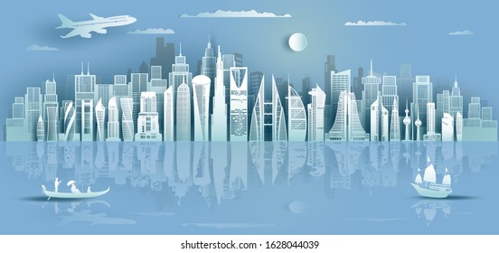 Travel to middle east landmarks of asia with modern architecture seascape background. Tourism arab to Saudi arabia, Qatar, Bahrain, UAE, Kuwait, jordan, Business brochure design.Vector illustration