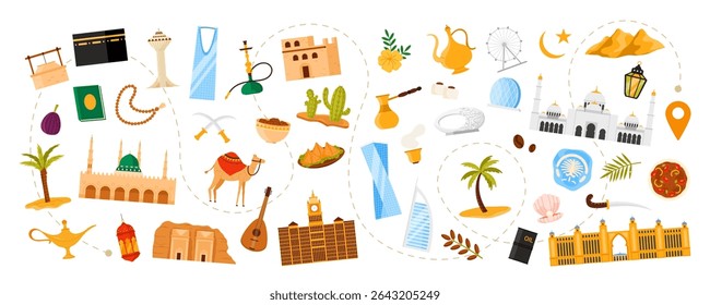 Travel to Middle East, modern and old Islamic architecture, culture elements and food on route of journey. Crescent and Star, Mosque and Museum of Future, coffee and hookah cartoon vector illustration