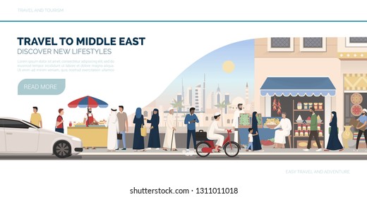 Travel to Middle East: vacations and tourism banner with traditional buildings, people and street food