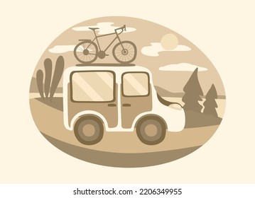 Travel minivan with bicycle on the top. Family summer travel concept. Country landscape around. Retro sepia composition.