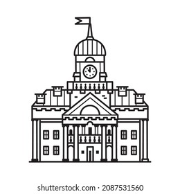 Travel Minsk landmark icon. Town Hall inspired Belarus travel illustration in line art. Catholic City hall with clock tower minimalist scene.