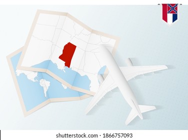 Travel to Mississippi, top view airplane with map and flag of Mississippi. Travel and tourism banner design.