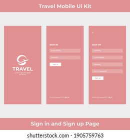 Travel Mobile App UI Kit including sign in, sign up screens for responsive mobile app or website. Set of Sign Up and Sign In forms.  Full set of elements. User-friendly design materials.