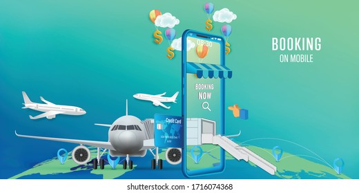 Travel Mobile Application , Travel Online booking on Website or smartphone as trip , transportation and Journey concept, Vector illustration.
